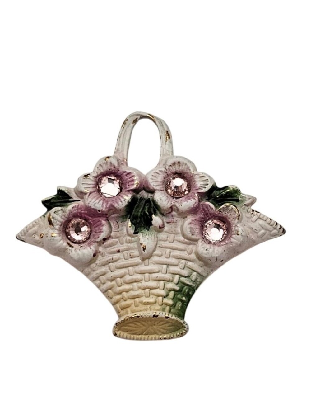 White Enamel Mini Basket Brooch Pink Rhinestone C Clasp Pin J651